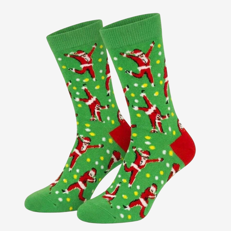 Bright green novelty Christmas socks featuring dancing Santas, red toes and festive designs, a fun Christmas gift for men.