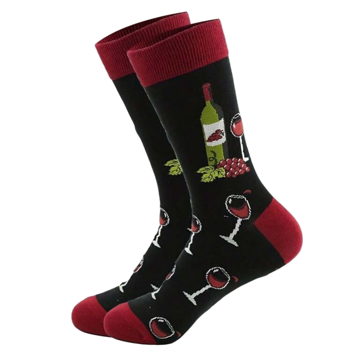 Black socks with wine-themed design on a white background