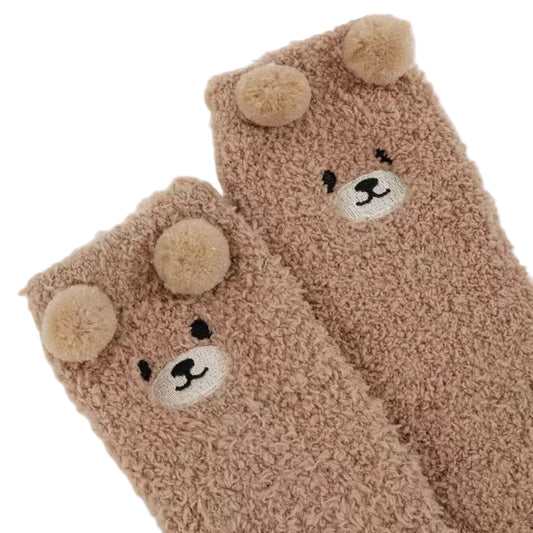 Brown Fluffy socks with bear face in Mini hug gift box