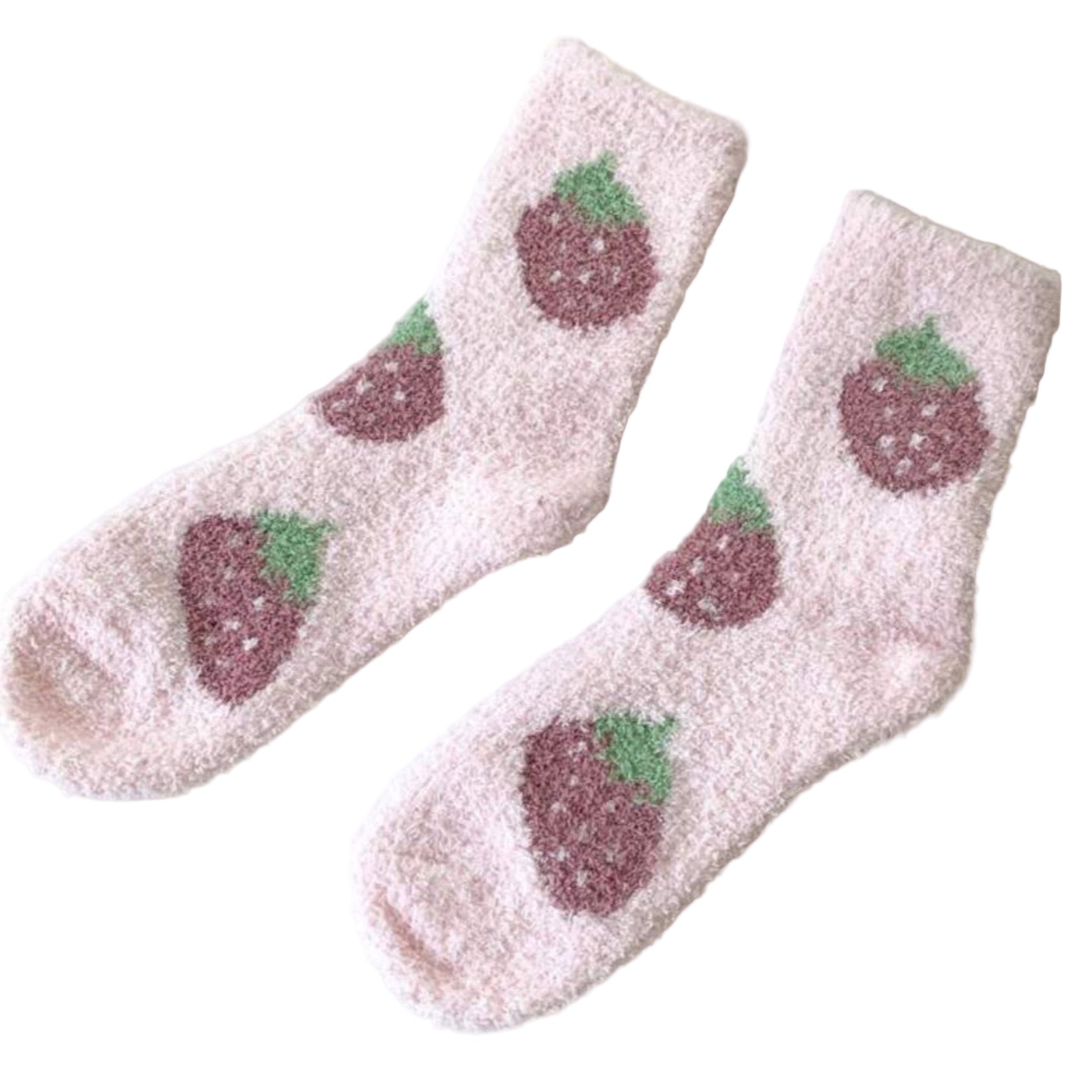 Fluffy pink socks with strawberry design 