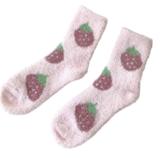 Fluffy pink socks with strawberry design 