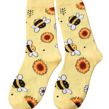 Yellow socks with sunflower and bees