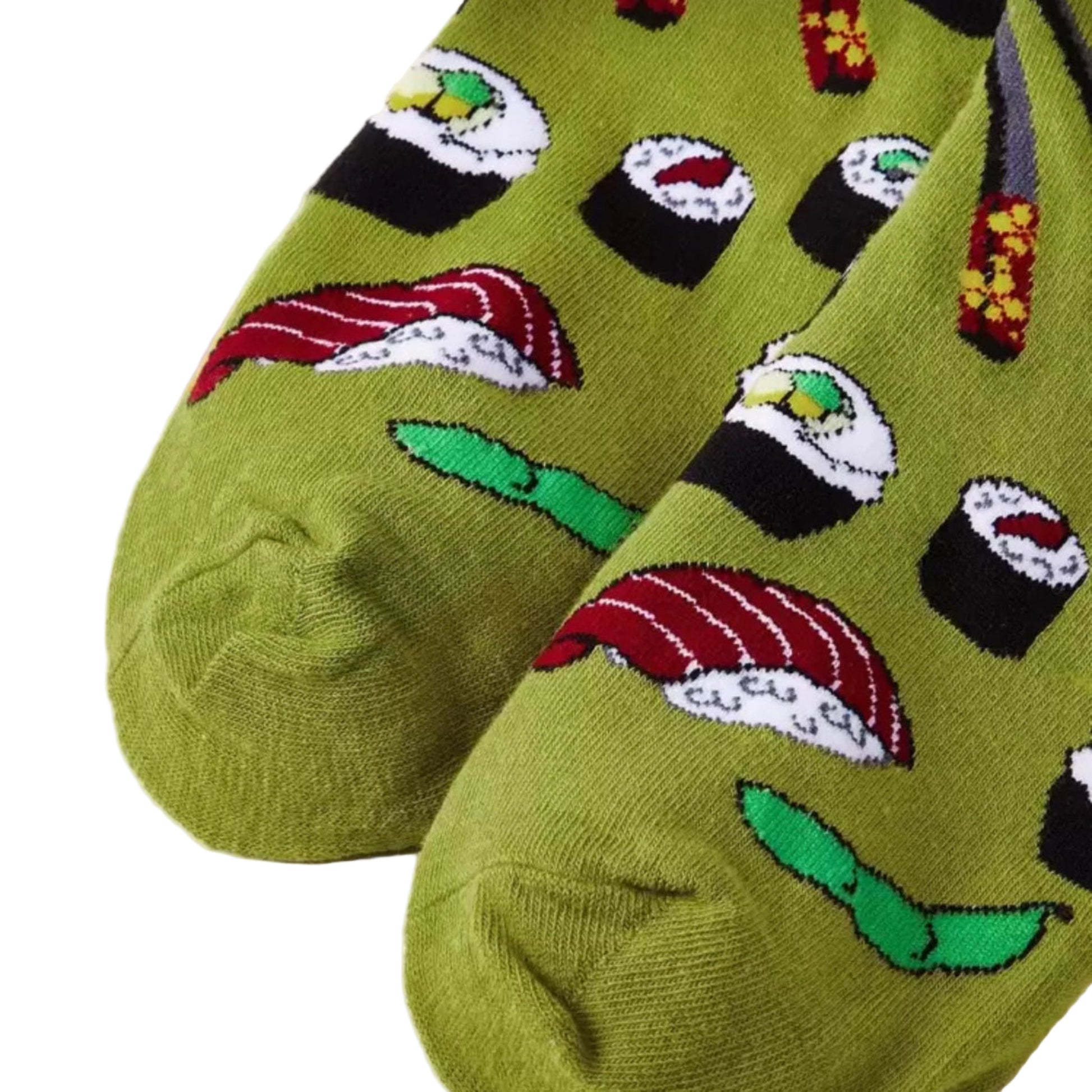 Green socks with sushi design on a white background