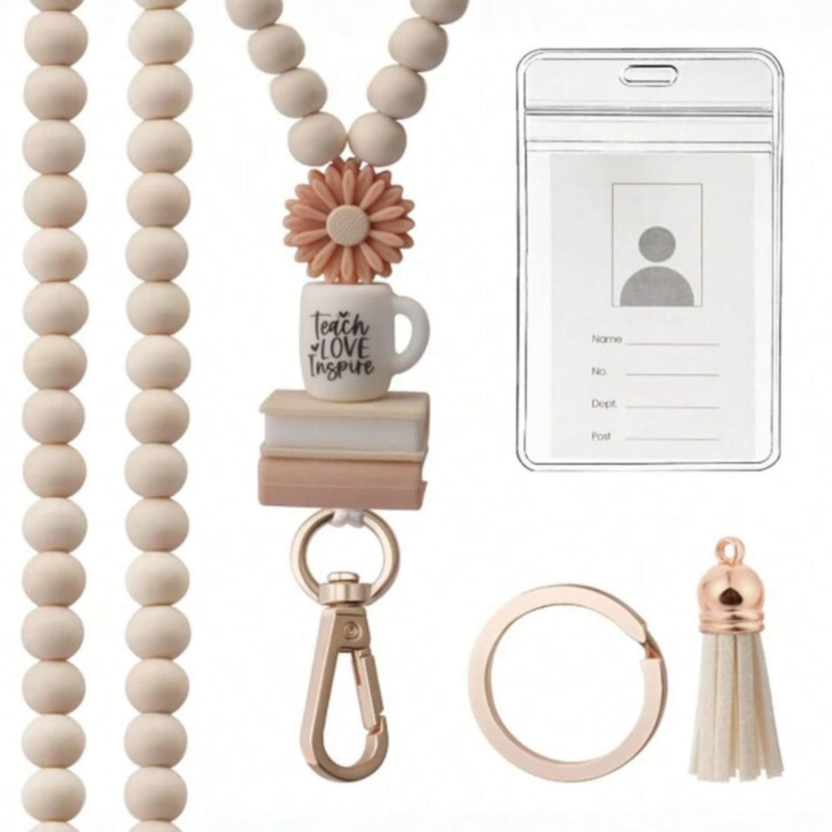 Wooden beaded lanyard with keychain, tassel, and ID holder on a white background