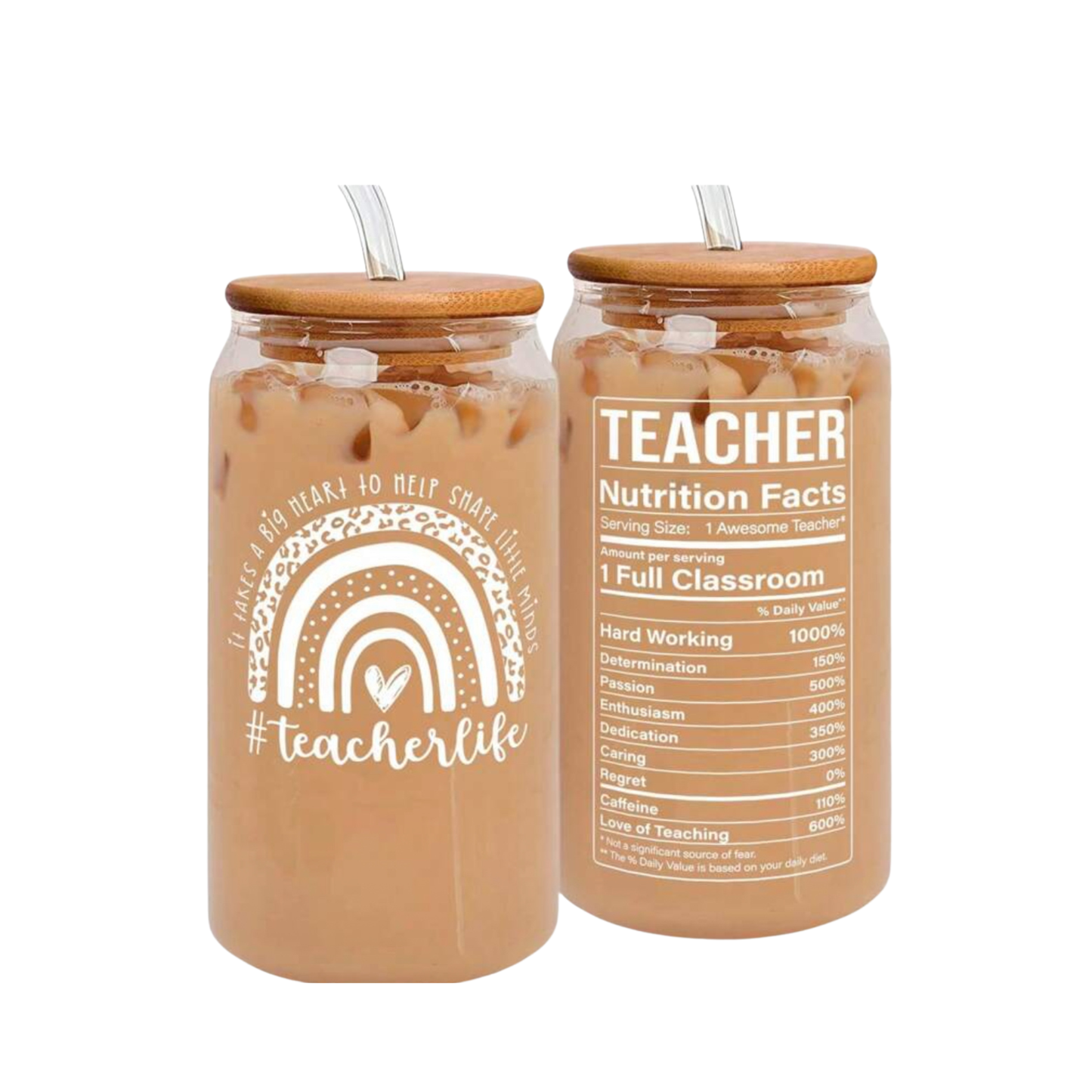 Mason glass jars with wooden lids and straws, one labeled '#teacherlife' and the other with 'TEACHER Nutrition Facts' text.