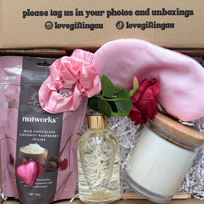 Valentines Day Gift Box for Wife, Partner. Includes candle, diffuser, chocolates , Rose and sleep mask.