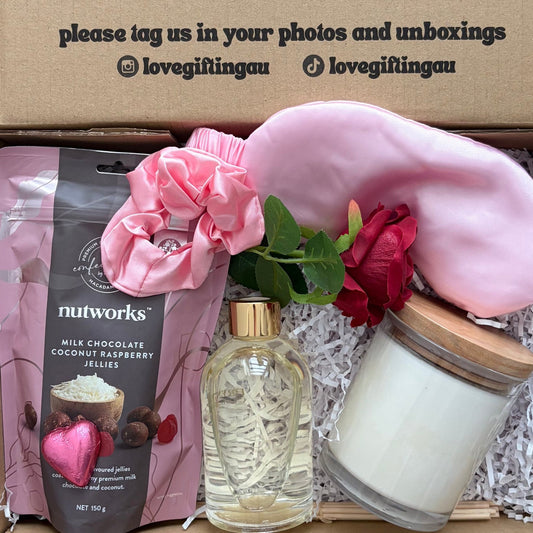 Valentines Day Gift Box for Wife, Partner. Includes candle, diffuser, chocolates , Rose and sleep mask.