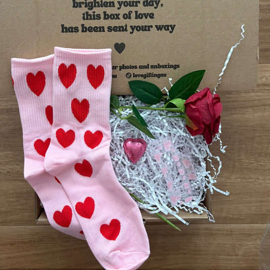 Galentines Day Pink heart socks, chocolate heart , hair clip and rose