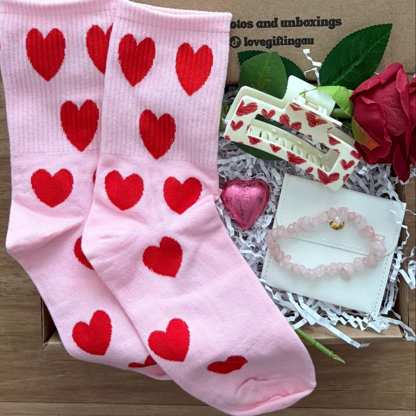 Valetntine's Day - Galentines day Gift box - Australia Wide postage . Includes Pink socks with red hearts, a rose, hair clip