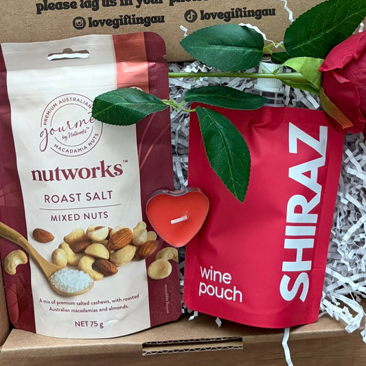 Valentines - Galentines Gift Box with Shiraz wine pouch , rose and gourmet nuts
