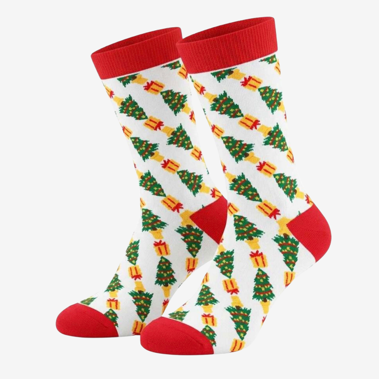 Festive Christmas socks with red cuffs, colourful Christmas trees and presents on a white background, included in Love Gifting Christmas gift boxes.