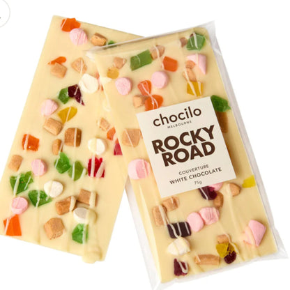 Packaged white chocolate rocky road with visible candies and Chocolilo branding on a white background
