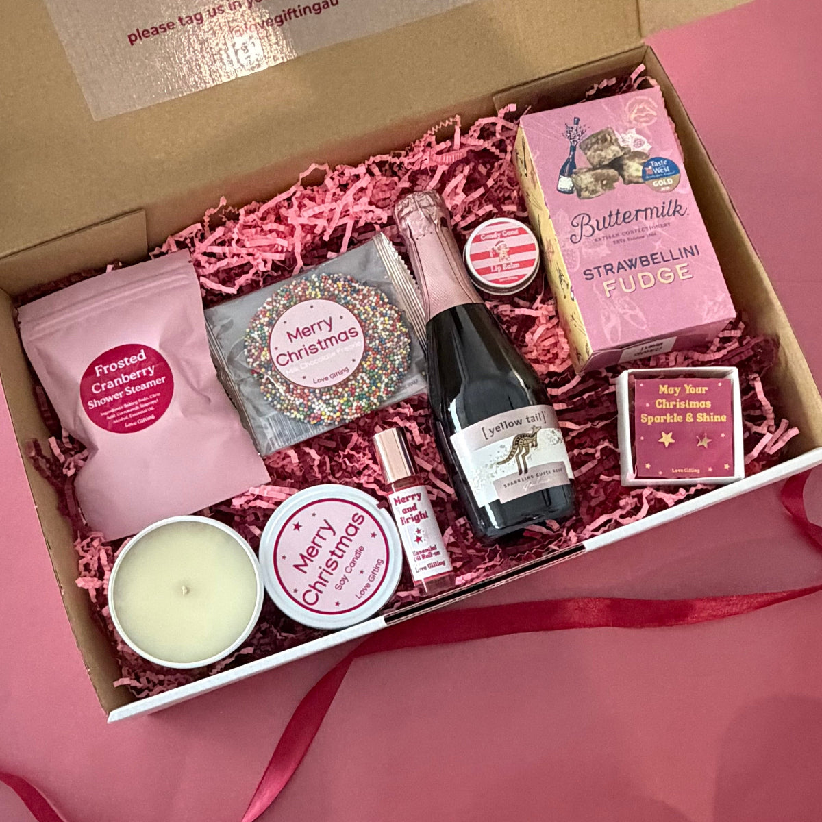 Festive Fizz & Fabulousness Christmas Gift Box with sparkling rosé, fudge, chocolate, jewellery and festive pamper gifts