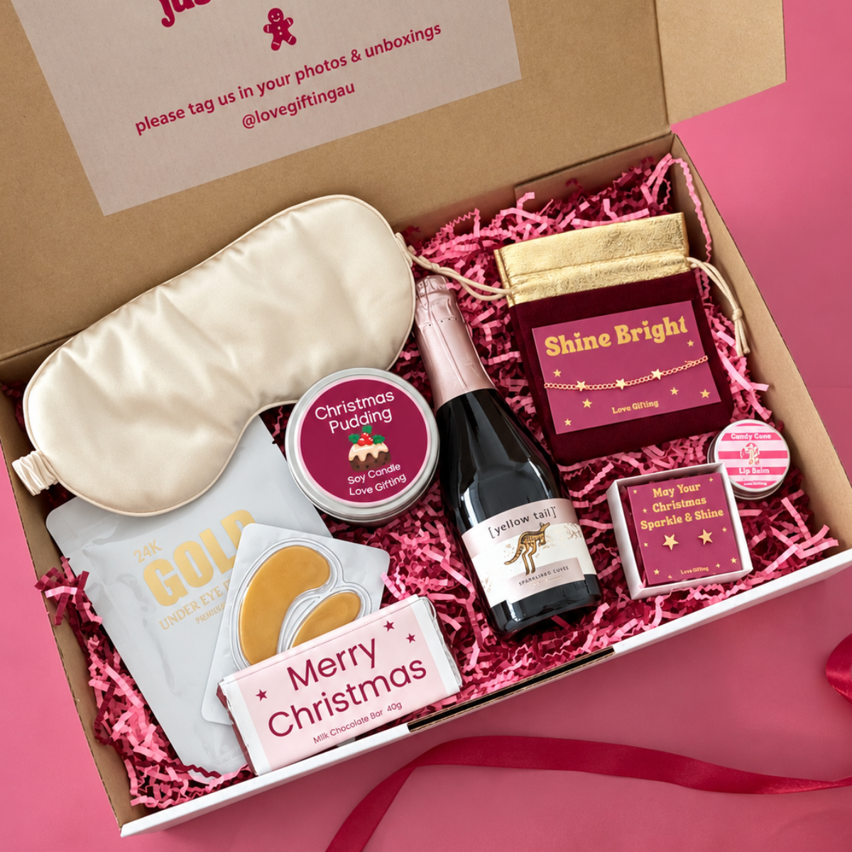 Shine Bright This Christmas jewellery and pamper gift box with sparkling rosé, gold star jewellery, skincare and chocolate