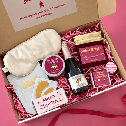 Shine Bright This Christmas jewellery and pamper gift box with sparkling rosé, gold star jewellery, skincare and chocolate