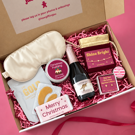 Shine Bright This Christmas jewellery and pamper gift box with sparkling rosé, gold star jewellery, skincare and chocolate