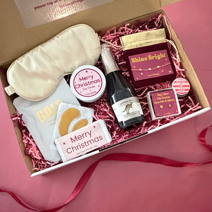 Shine Bright This Christmas jewellery and pamper gift box with sparkling rosé, gold star jewellery, facemask, lipbalm and chocolate