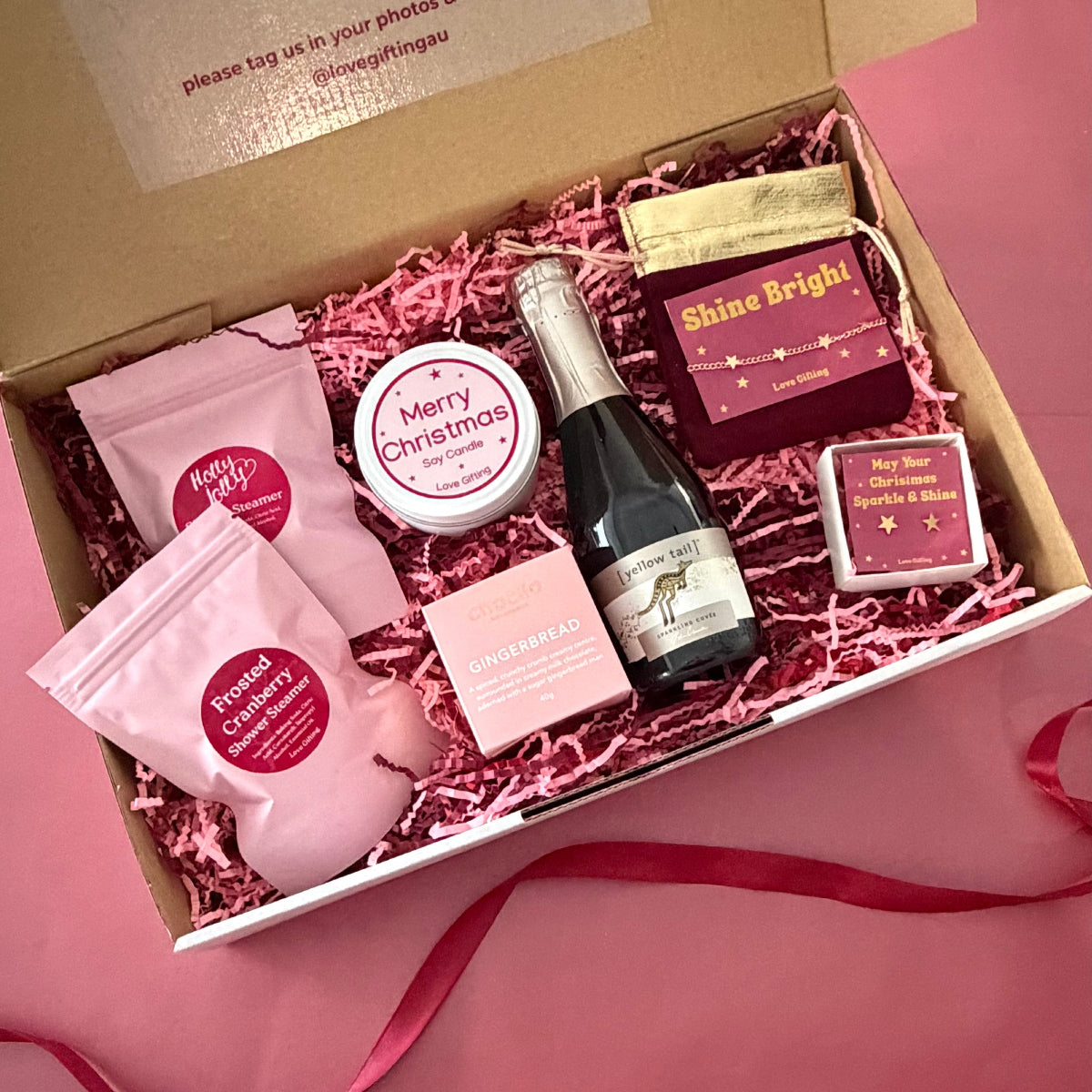 Stars, Sparkle & Christmas Wishes Christmas gift box with gold star jewellery, gingerbread chocolates, candle and shower steamers