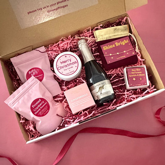 Stars, Sparkle & Christmas Wishes Christmas gift box with gold star jewellery, gingerbread chocolates, candle and shower steamers