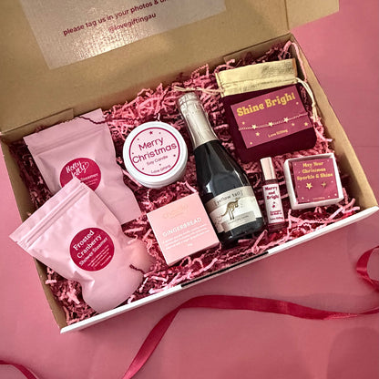 Merry & Bright, Just Like You Christmas gift box with gold star jewellery, scent roller, candle, chocolates and festive pamper treats
