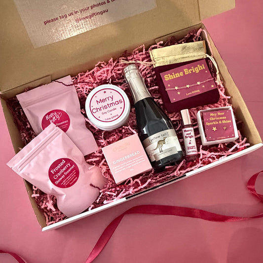 Merry & Bright, Just Like You Christmas gift box with gold star jewellery, scent roller, candle, chocolates and festive pamper treats