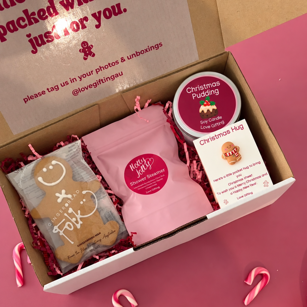 A Little Christmas Comfort gift box with Christmas candle, gingerbread man, shower steamer and Pocket Hug