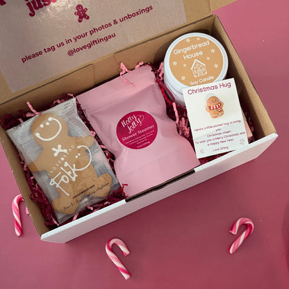 A Little Christmas Comfort gift box with Christmas candle, gingerbread man, shower steamer and Pocket Hug
