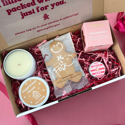 Gingerbread Kisses Christmas Gift Box with gingerbread house candle, gingerbread man, chocolates and peppermint lip balm