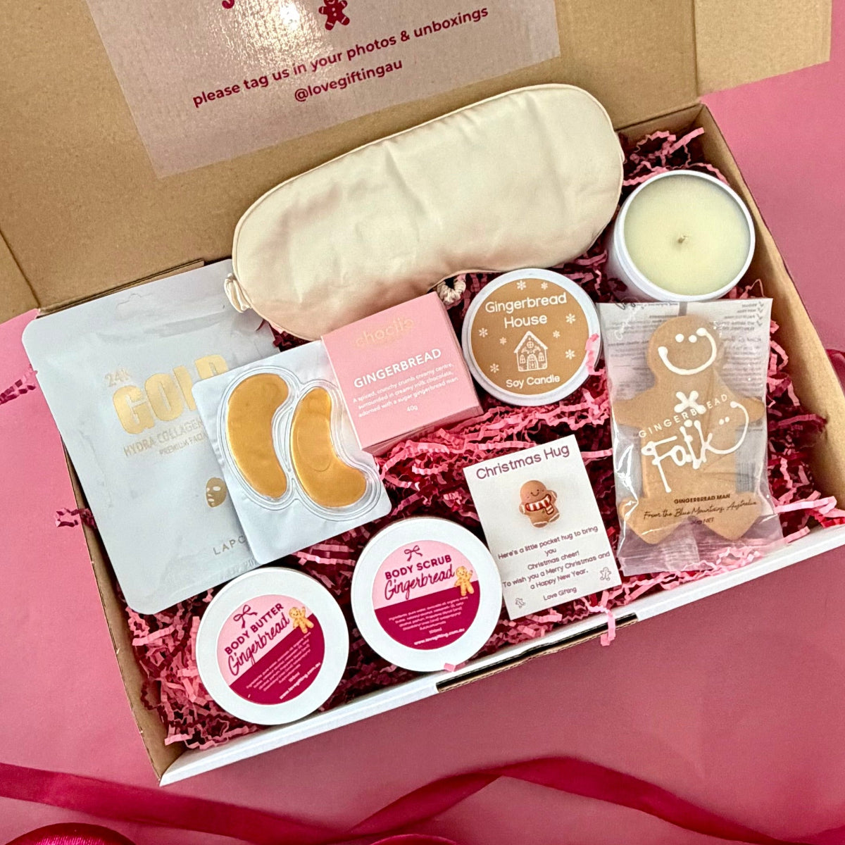 Gingerbread & All Things Nice Christmas Pamper Gift Box with gingerbread treats, body care and gold skincare gifts