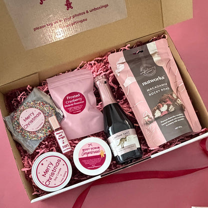Bubbles & Christmas Wishes Christmas Gift Box with sparkling rosé, chocolates, candle and festive pamper treats