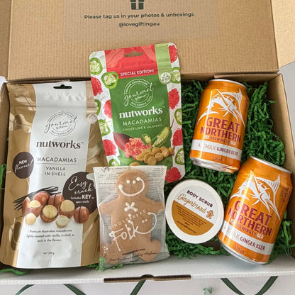 Men's Christmas gift box with Great Northern alcoholic ginger beer, Nutworks macadamias, gingerbread man and gingerbread body scrub.