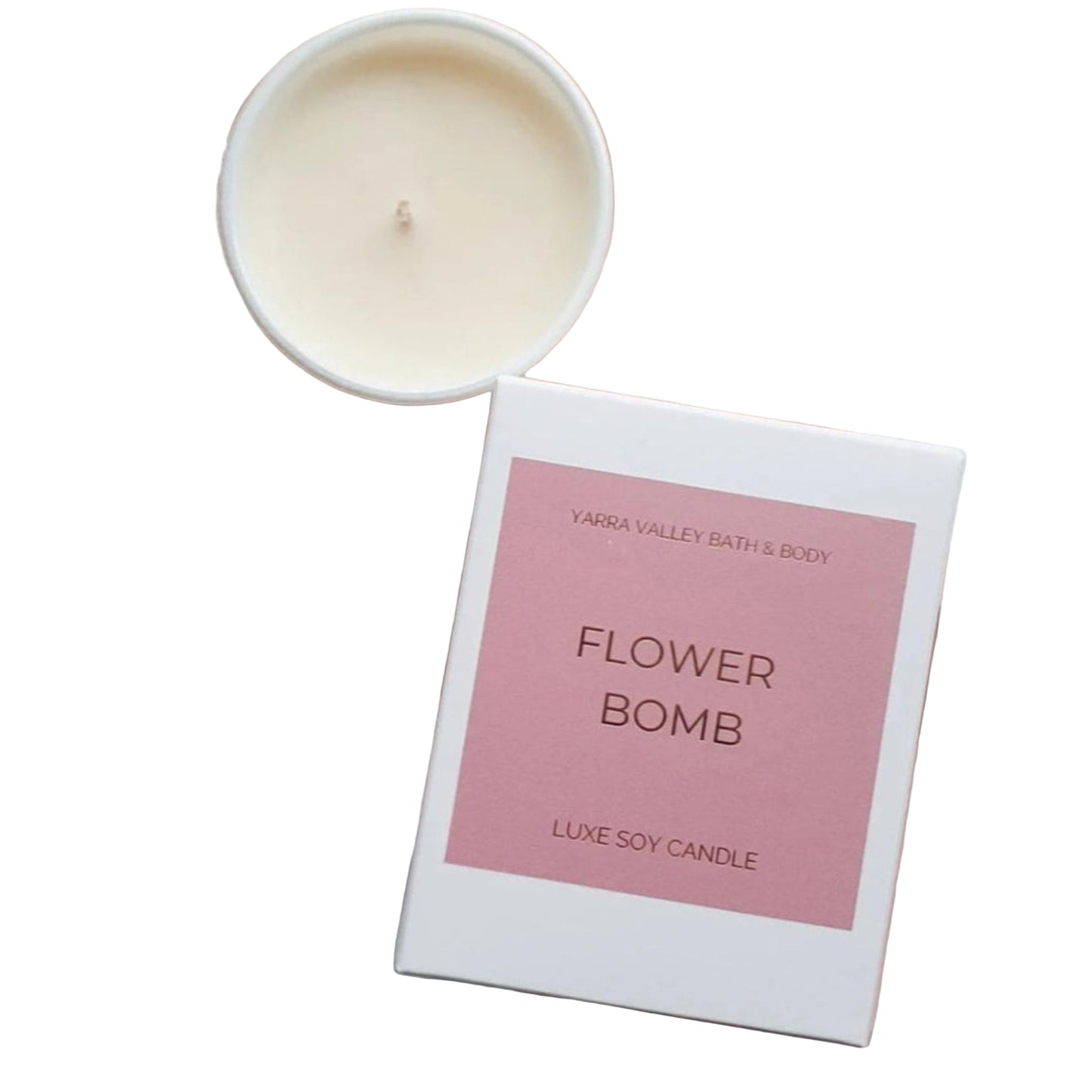 Yarra Valley Bath & Body Flower Bomb luxe soy candle with packaging on a white background