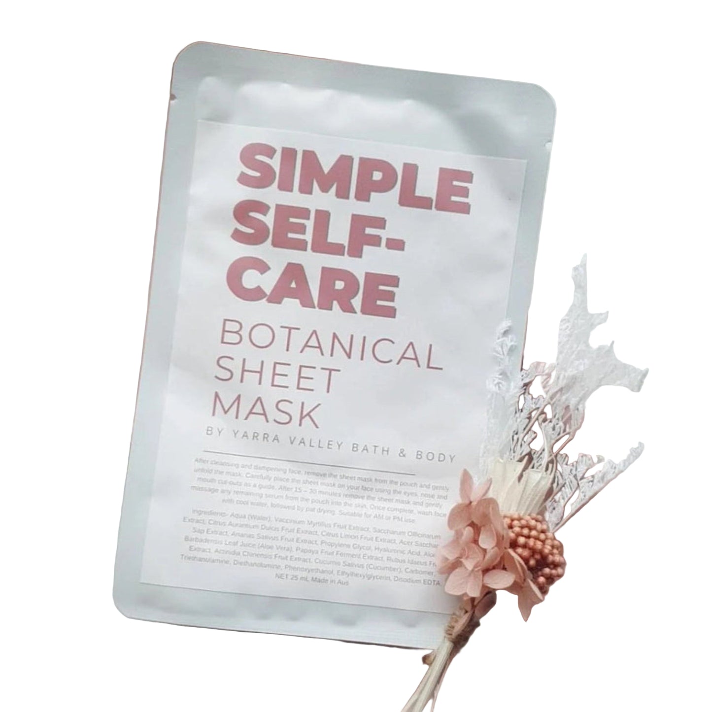 Yarra Valley Bath and Body Sheet mask with 'Simple Self-Care' text on a decorative pink background