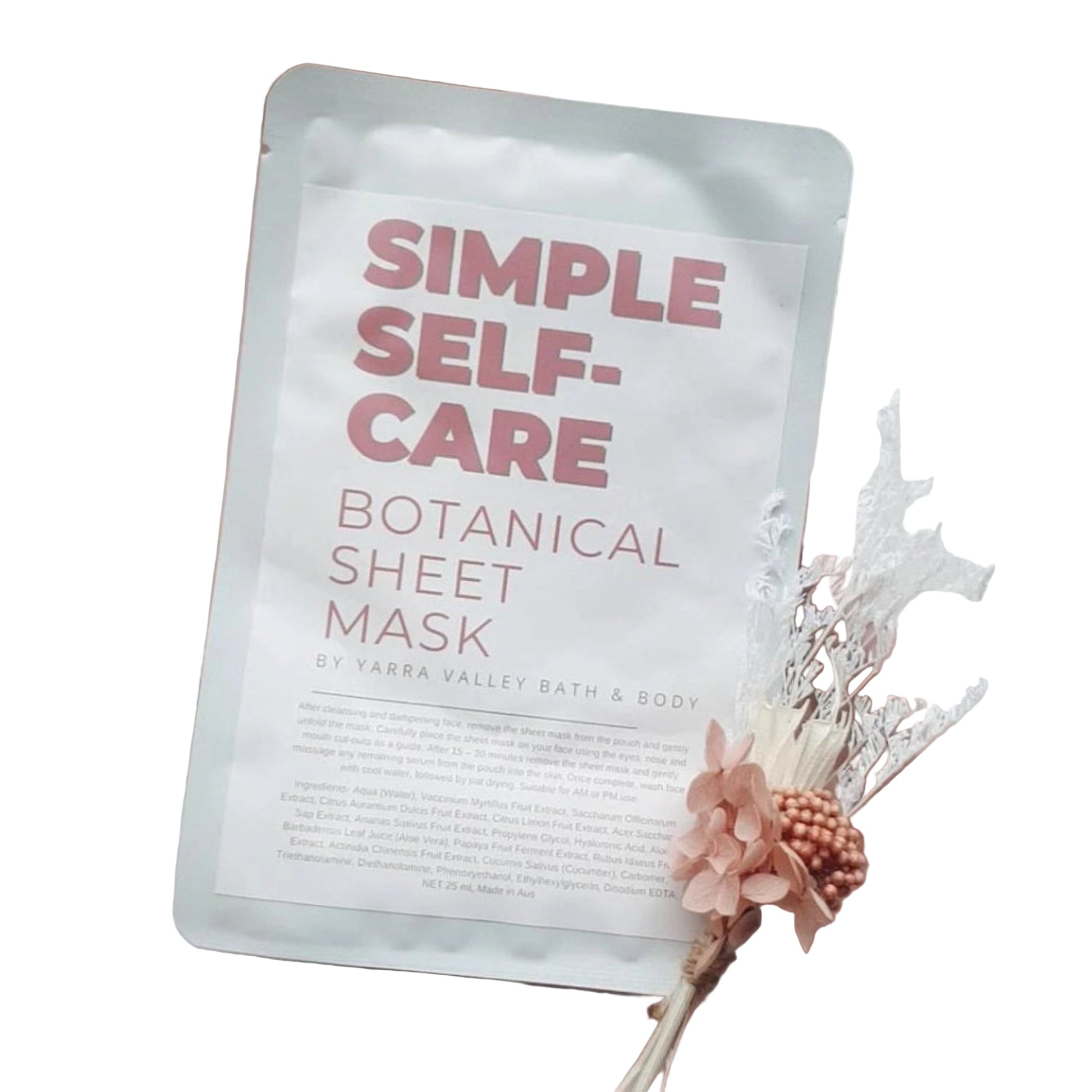 Yarra Valley Bath and Body Sheet mask with 'Simple Self-Care' text on a decorative pink background