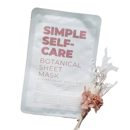 Yarra Valley Bath and Body Sheet mask with 'Simple Self-Care' text on a decorative pink background