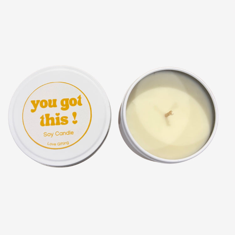 You've Got This soy candle in a white tin with gold lettering, a thoughtful relaxation and comfort gift.