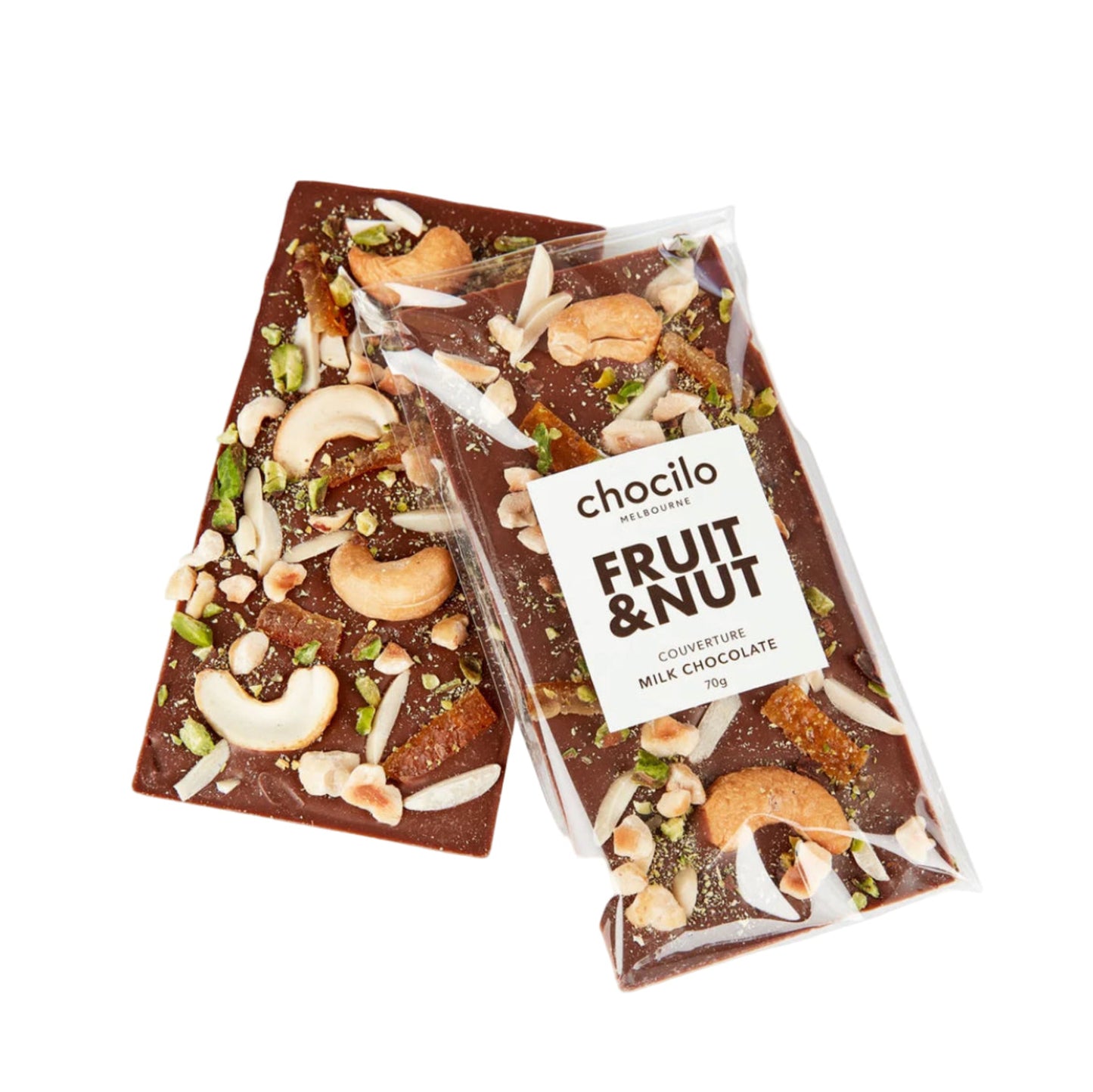 Chocolate bar with fruit and nut toppings and 'chocolito' packaging on a white background