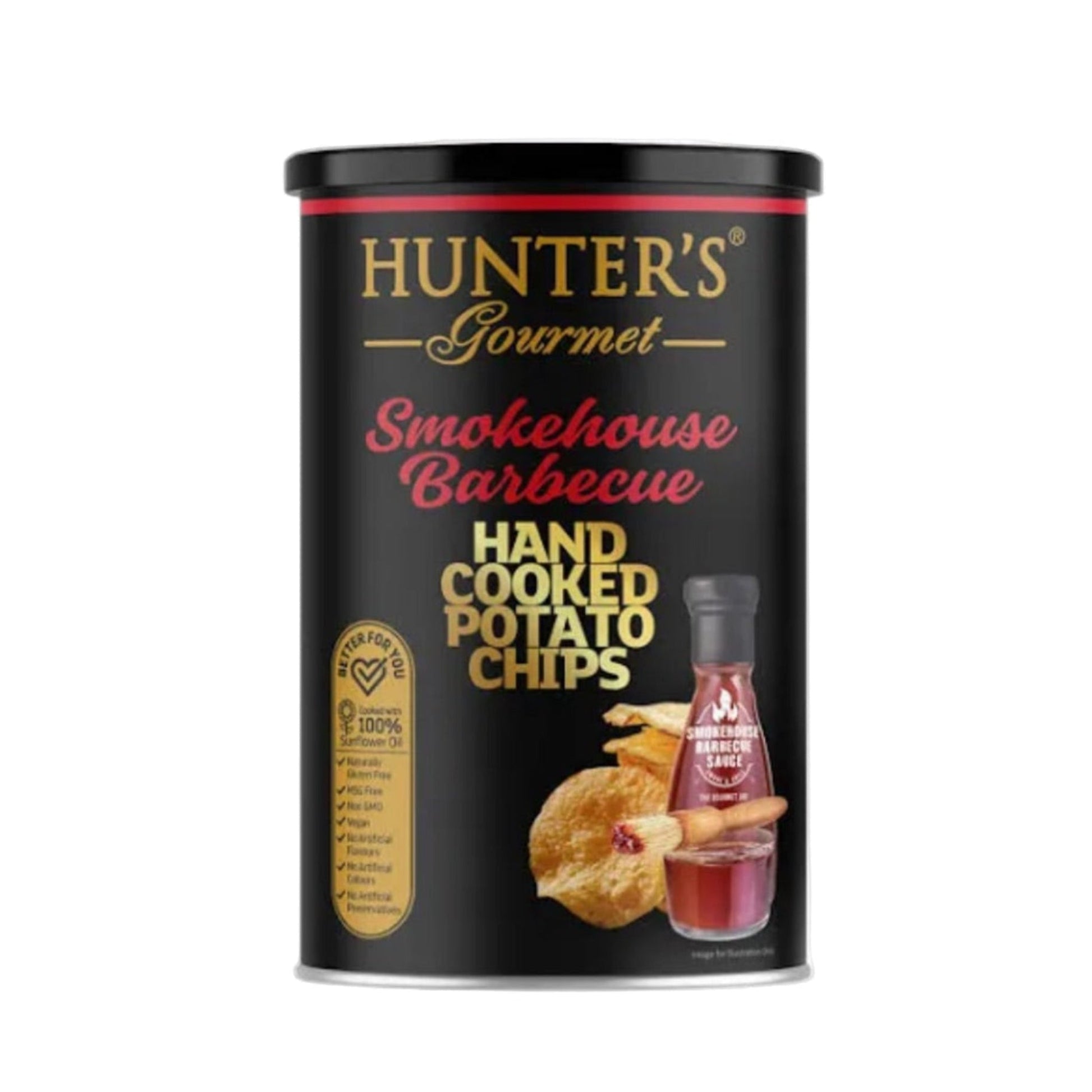 Can of Hunter's Gourmet Smokehouse Barbecue Hand Cooked Potato Chips on a white background