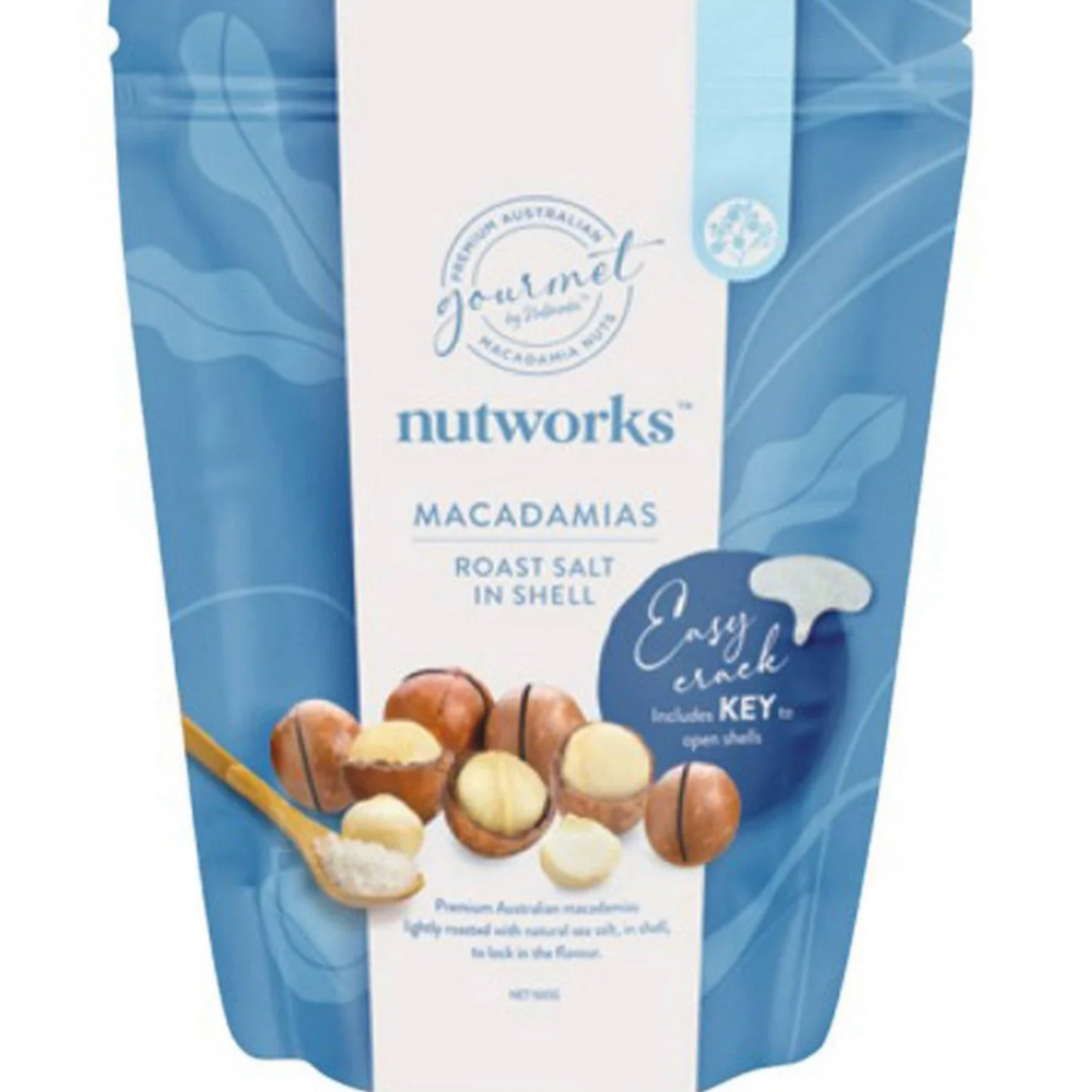 Packaging of Nutworks macadamias with blue and white design