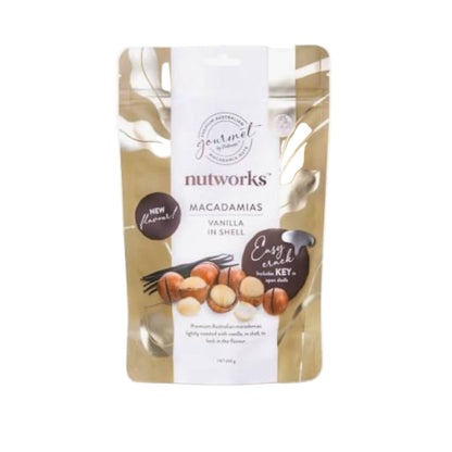 Nutworks Easy Cracks macadamia nuts packaging on a white background